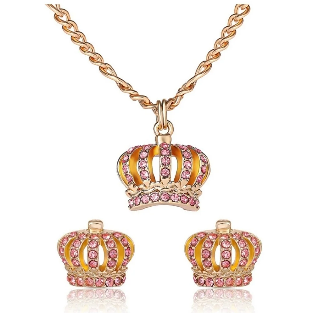 ▪️Juicy Couture▪️Crown Pendant & Stud Pink Crystal Embellushed Earring Set